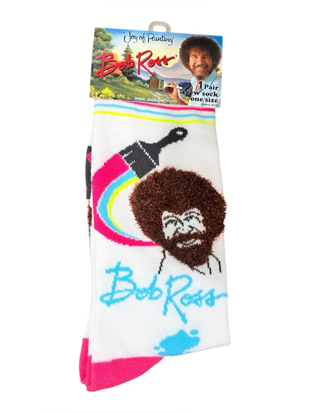 Bob Ross Painting White Crew Socks with Pink Accent